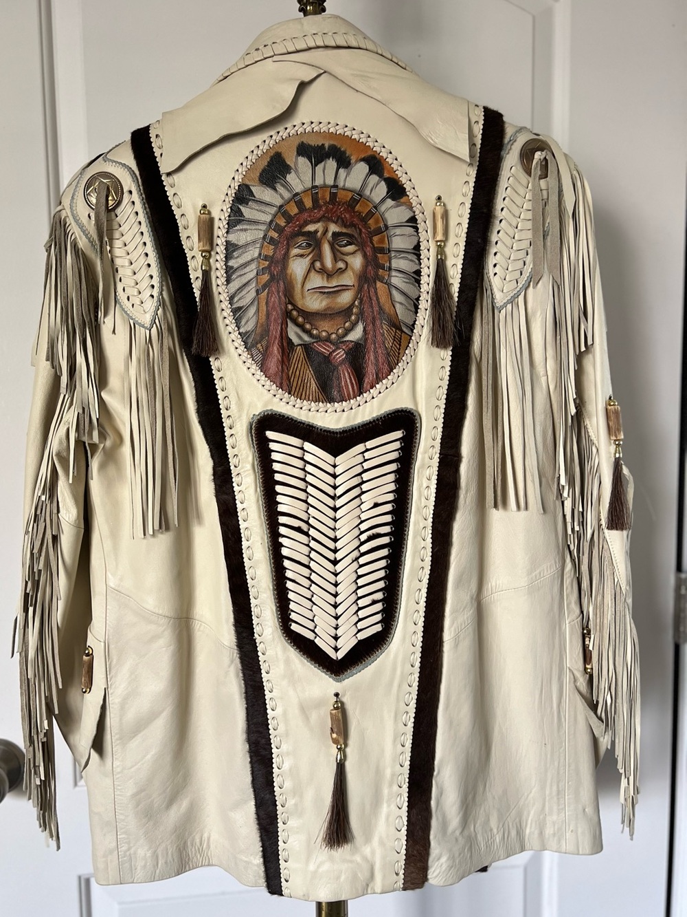 Vintage Mens Cream Soft Leather Cowhide Western Native Chief Painted Jacket Med
